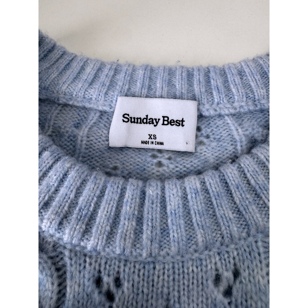 SUNDAY BEST Pointelle Merino Wool Blend Crew Neck Sweater XS Lt Blue Pastel - Picture 3 of 9
